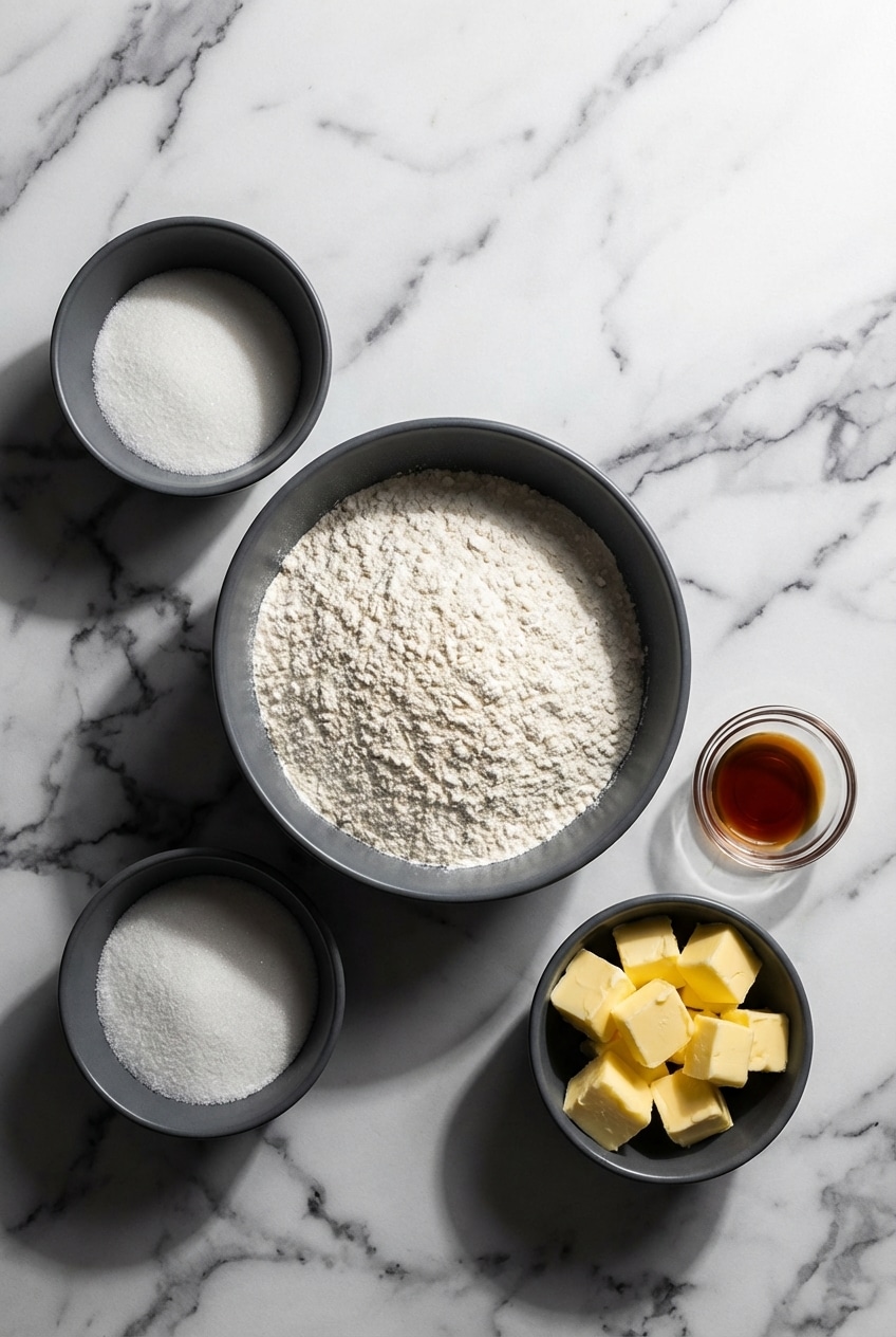Flat lay of shortbread cookies ingredients including unsalted butter, confectioners' sugar, and vanilla beans on parchment paper.