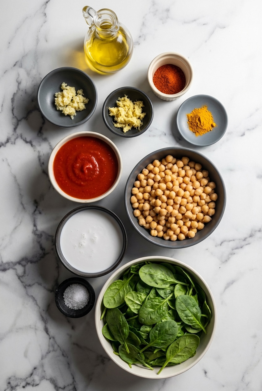 Flat lay of ingredients for chickpea curry including dried chickpeas, coconut milk, fresh turmeric, and garam masala spices