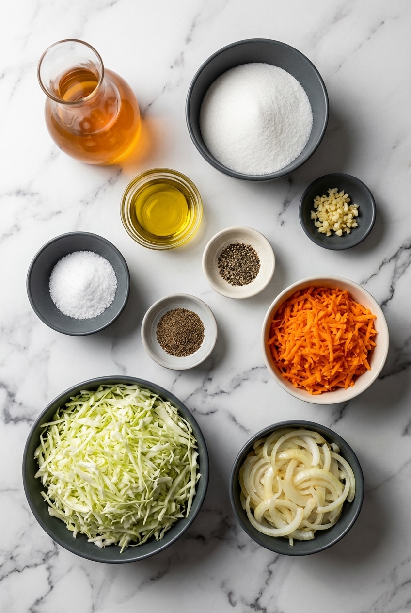 Fresh cabbage, carrots, apple cider vinegar, and celery seeds prepared for a vinegar coleslaw recipe.