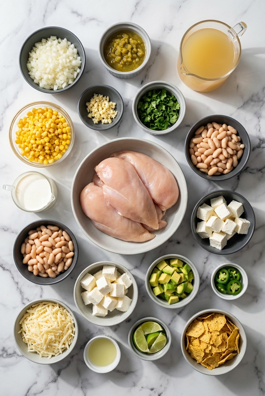 Ingredients for white chicken chili slow cooker featuring Great Northern beans, Monterey Jack, and green chilies.