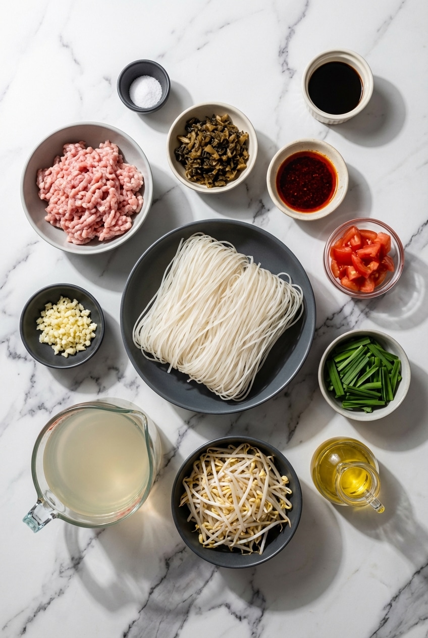 Flat lay of ingredients for Yunnan rice noodle soup including Mixian rice stick noodles, suancai, and fermented mustard greens.