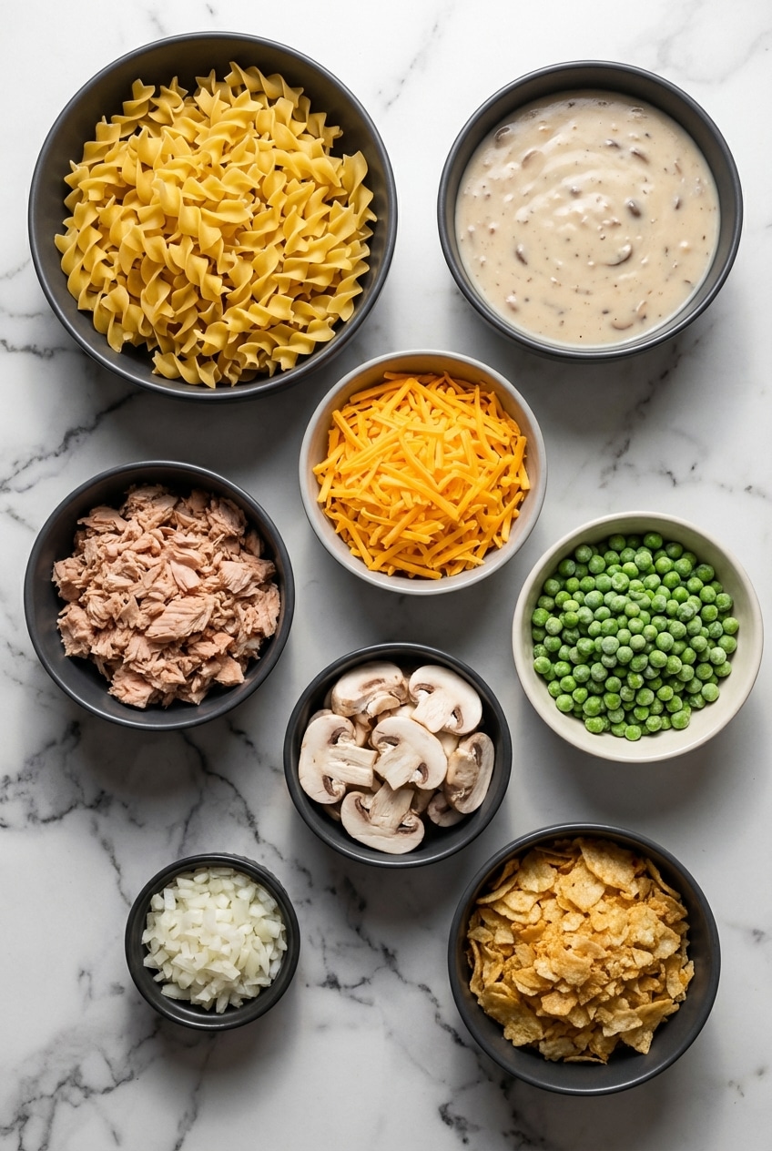 Pantry staples for tuna noodle casserole including egg noodles, canned tuna, and cheddar cheese on a kitchen counter.