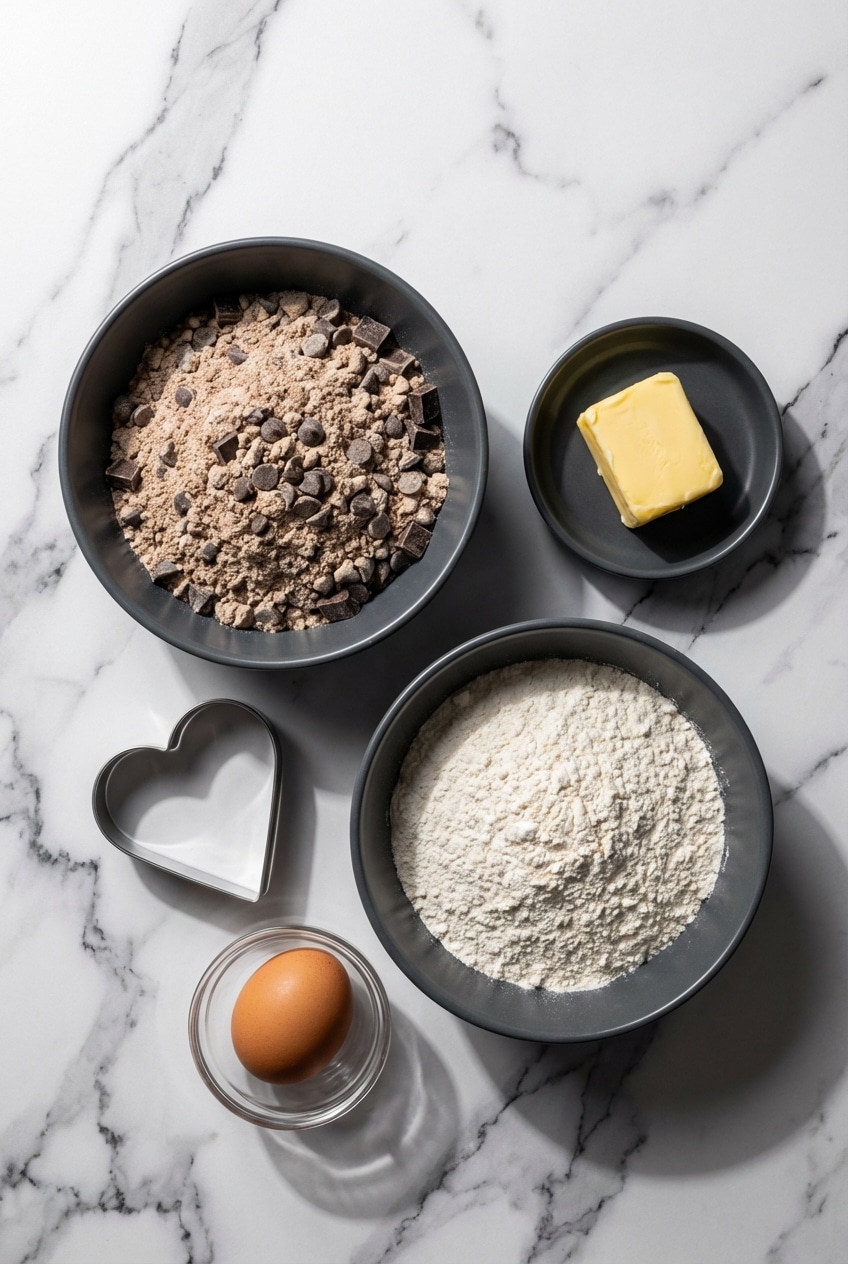 A flat lay of ingredients for Heart Shaped Chocolate Chip Cookies featuring semi-sweet chocolate chips and brown sugar.