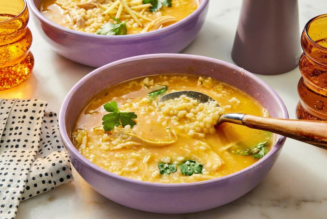 Italian Penicillin Soup with golden ginger and turmeric infused broth topped with tiny pastina stars.