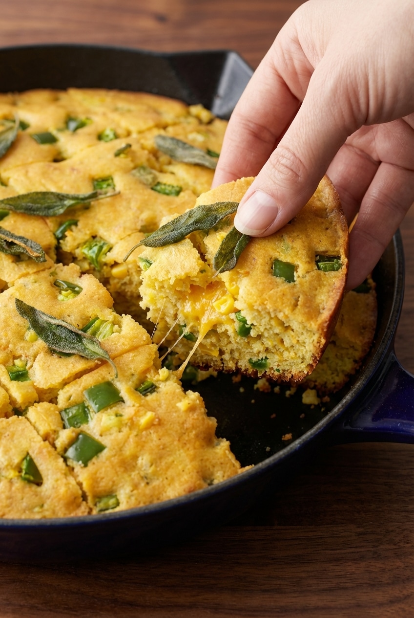 Close-up of the moist golden crumb and Maillard reaction crust on a slice of jalapeño cornbread.