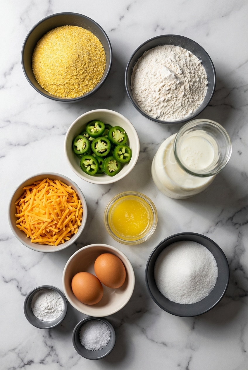 Flat lay of yellow cornmeal, buttermilk, sharp cheddar, fresh jalapeños, and sage for jalapeño cornbread.