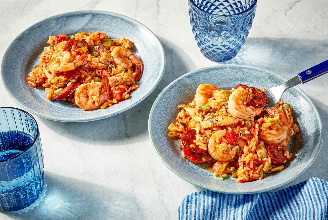 Smoky jambalaya recipe featuring toasted long-grain rice and tender shrimp in a seasoned Dutch oven.