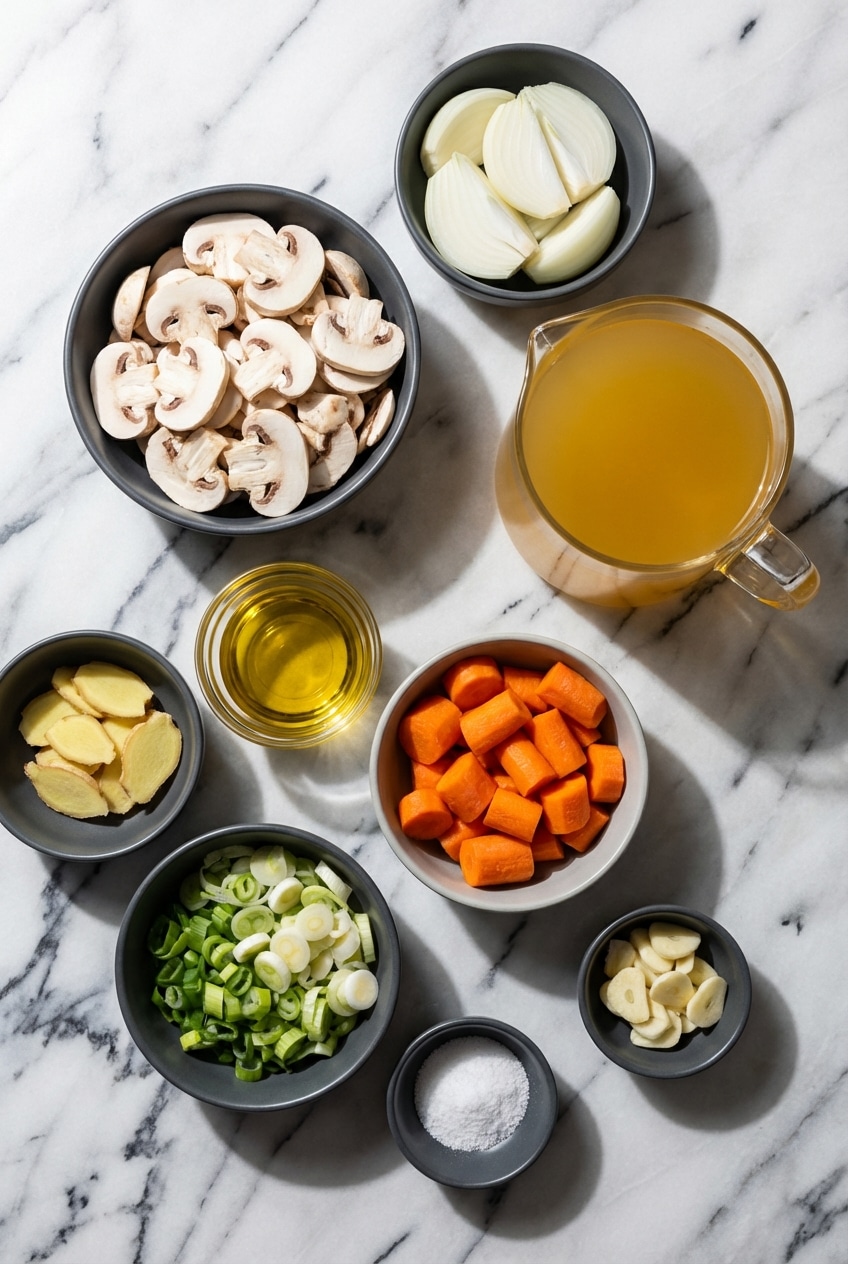Raw ingredients for Japanese clear soup including kombu, shiitake mushrooms, mirin, and usukuchi soy sauce.