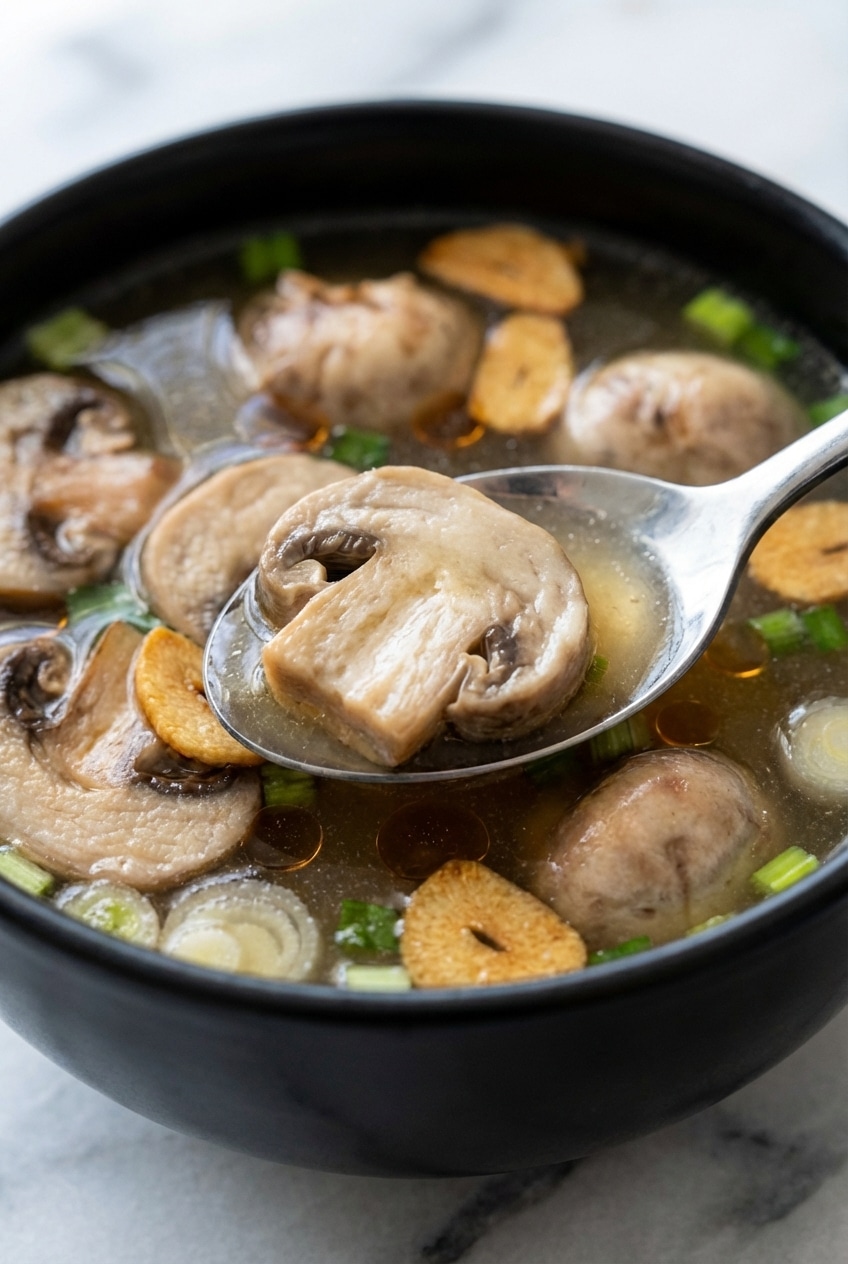 Clear broth being poured through a fine-mesh sieve for a sediment-free Japanese clear soup.