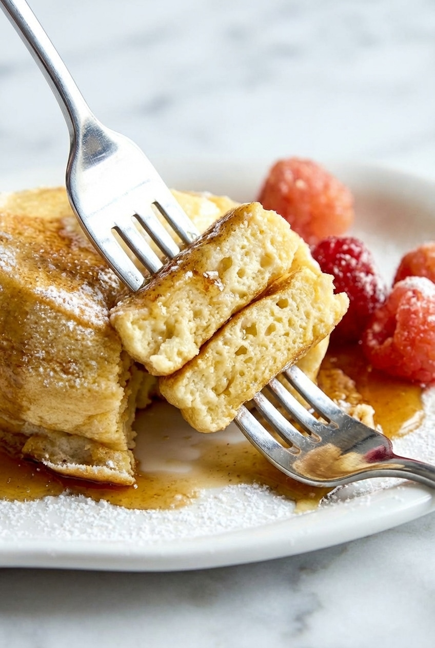 Cross section of airy Japanese Soufflé Pancakes showing the light crumb achieved through a precise folding technique.