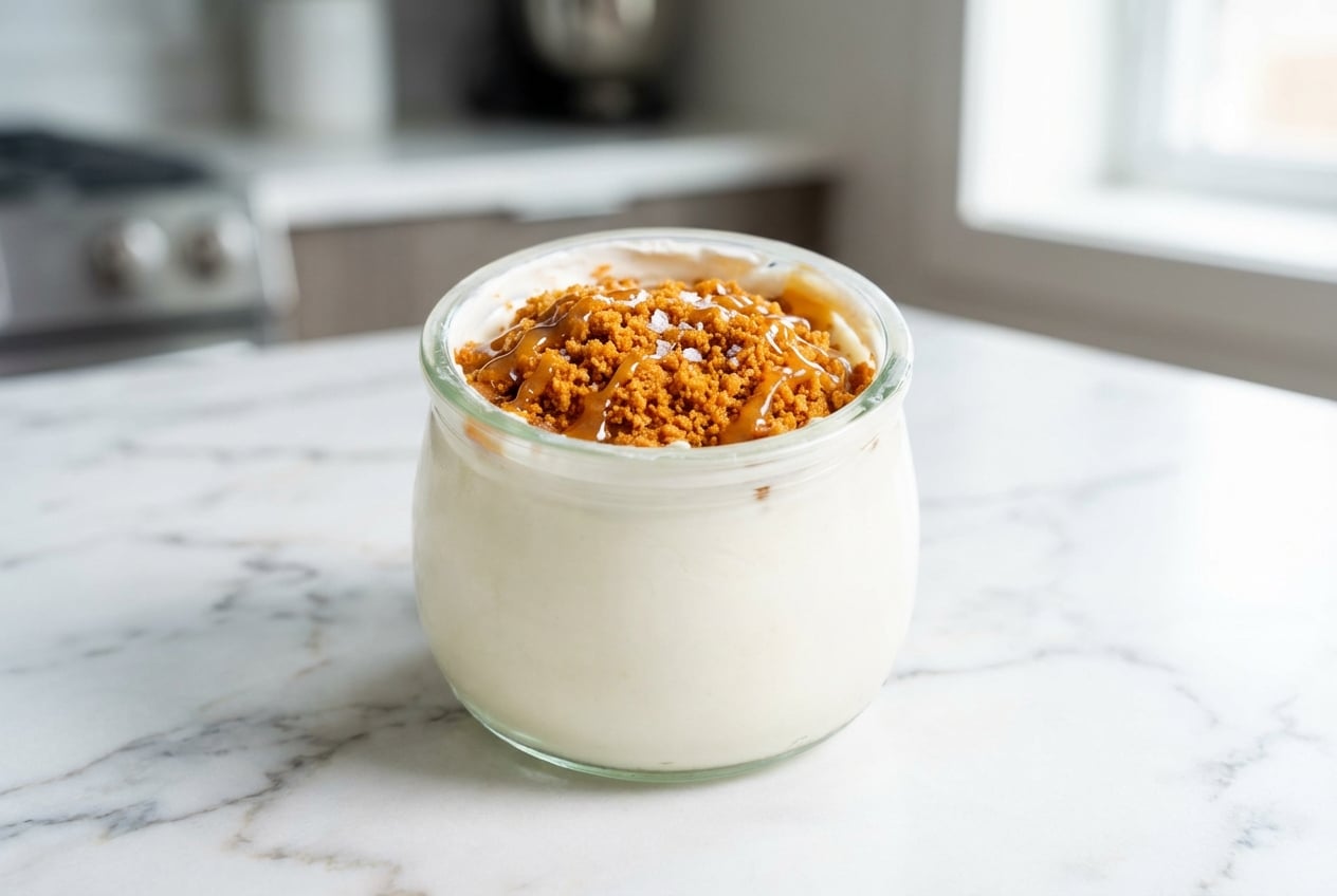 Creamy Japanese Yogurt Cheesecake featuring a glossy Miso-Maple salted glaze on a Biscoff crust.