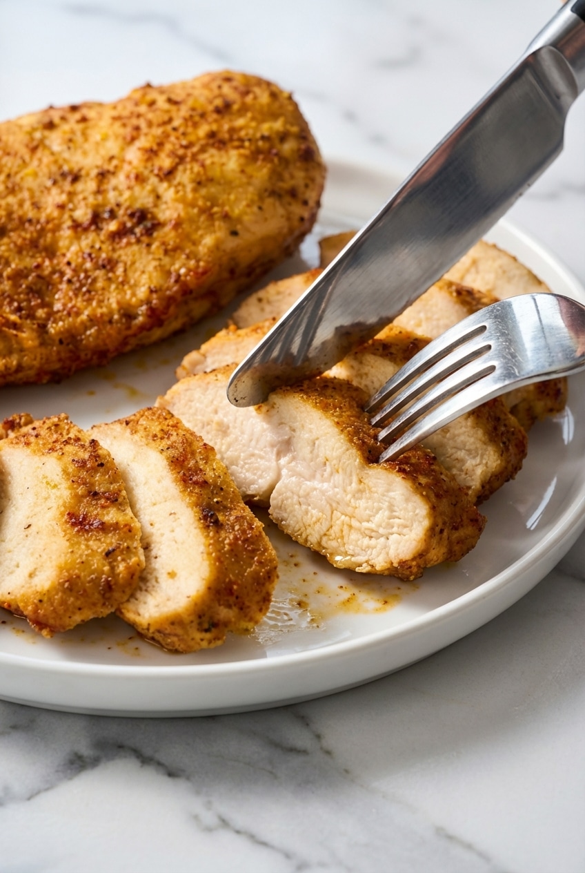 Close-up of sliced air fryer chicken breast showing glistening juices and Maillard reaction on the surface.