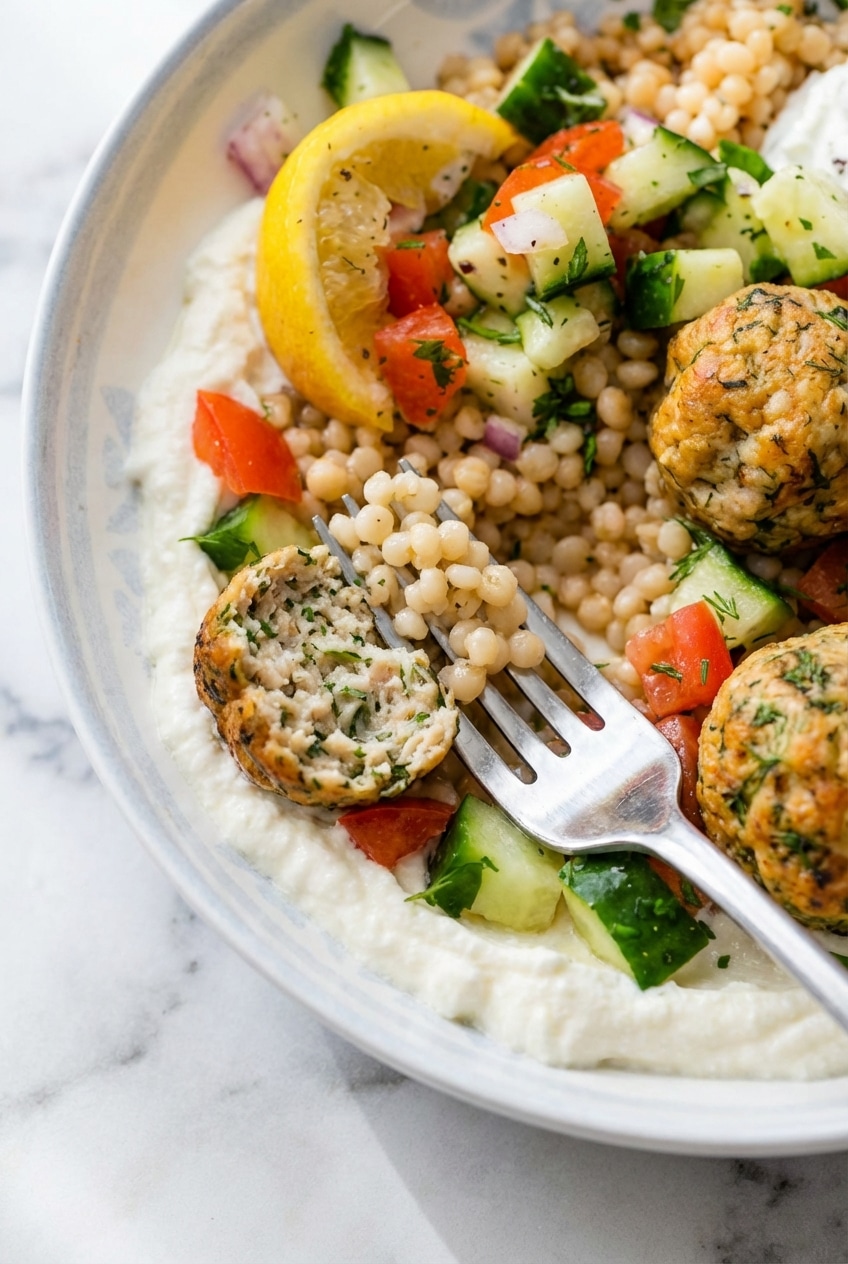 Close-up detail of a tender turkey meatball inside a Mediterranean Meatball Bowl showing the juicy interior texture