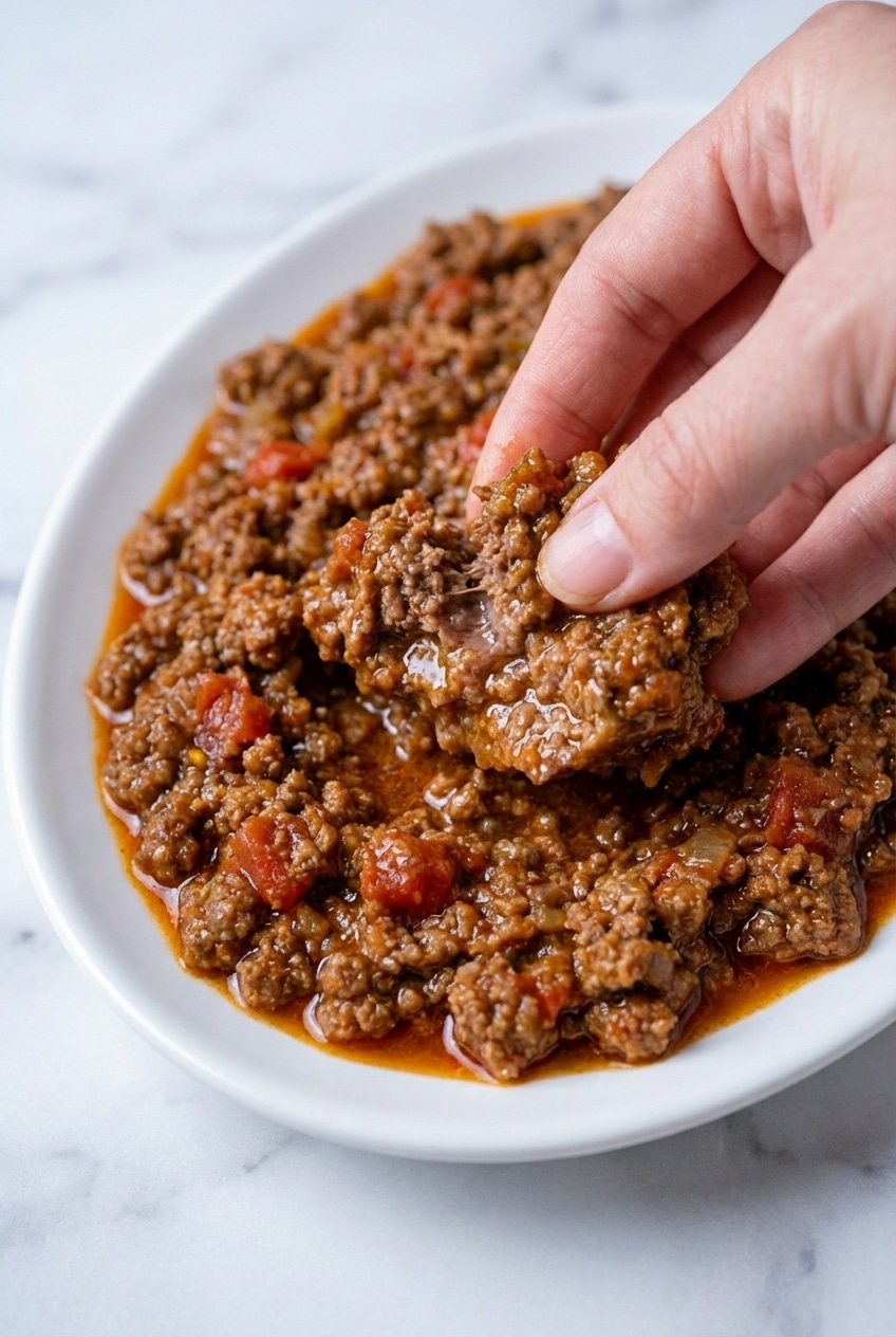 Simmering Ground Beef Tacos filling in a cast iron skillet showing the glossy, thick sauce created by the spice bloom technique.