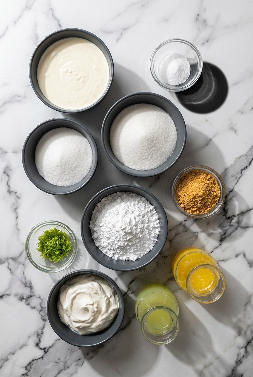 Flat lay of key lime pie bars ingredients including Key limes, graham cracker crumbs, and sweetened condensed milk.