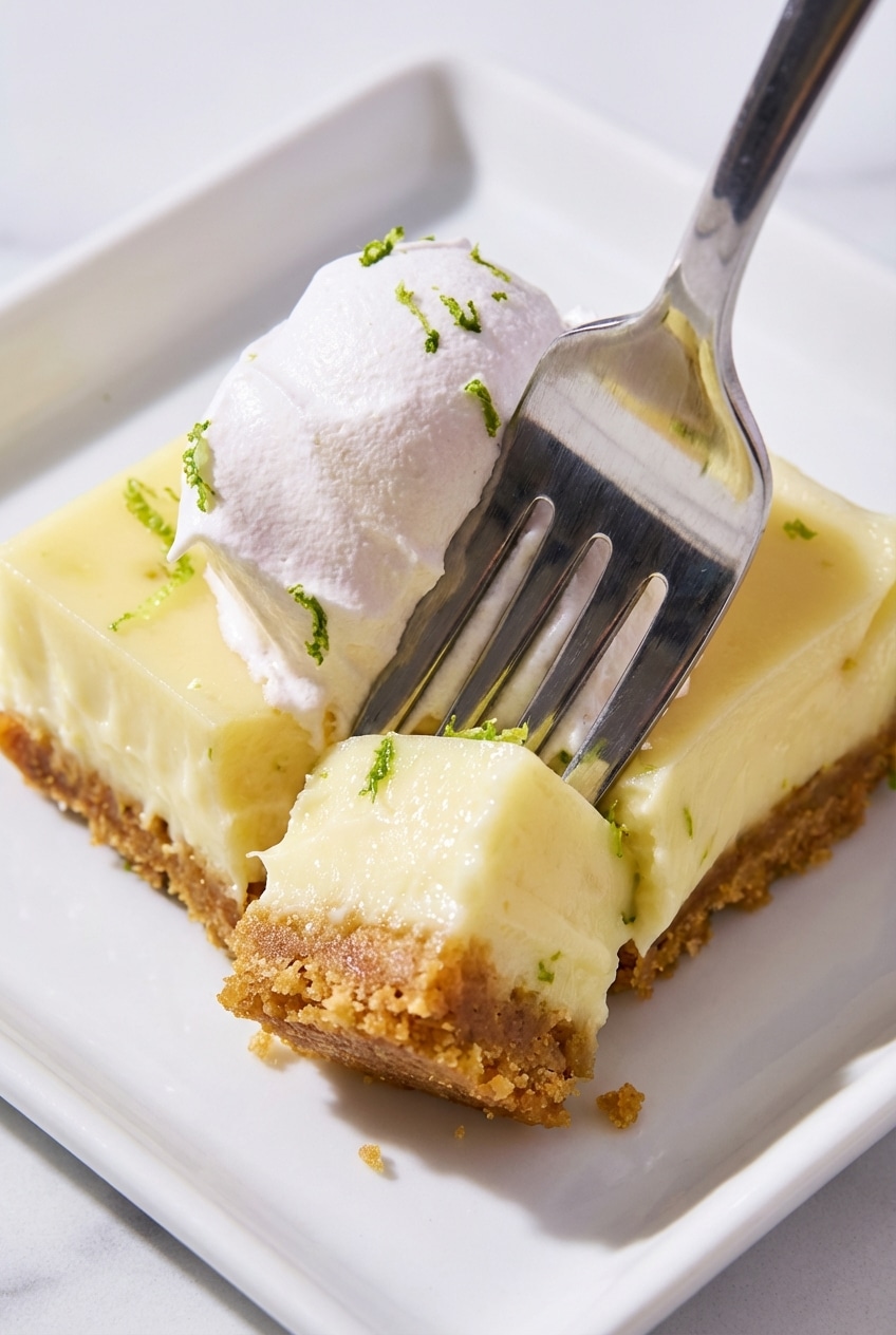 Slices of key lime pie bars showing the smooth posset-style filling and golden crumb base.