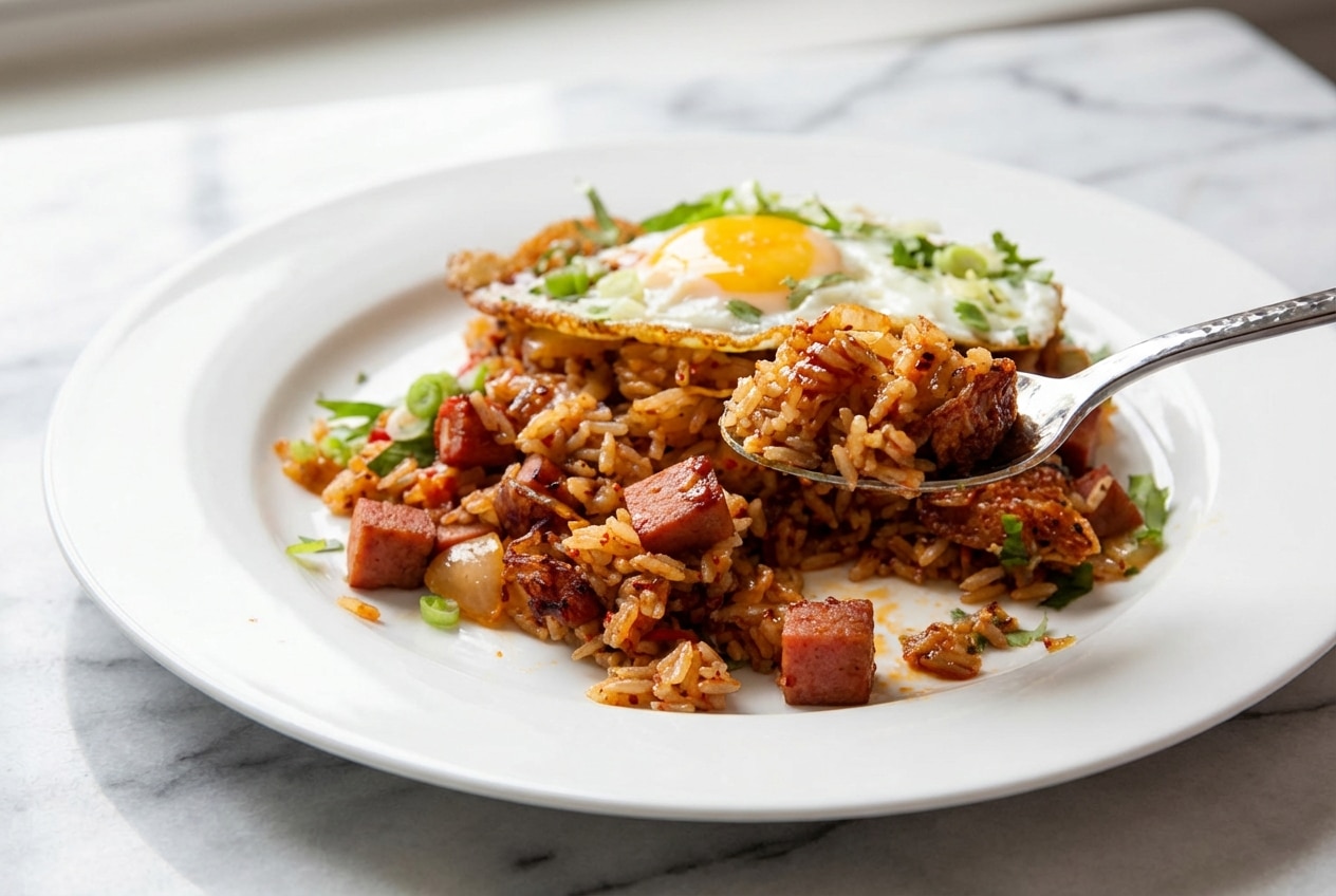 Kimchi fried rice topped with a fried egg and a glossy brown butter gochugaru drizzle.