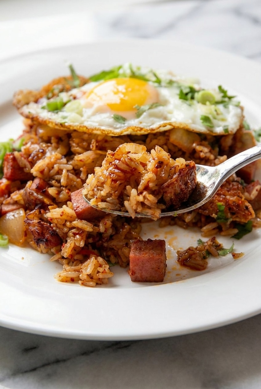Crispy kimchi fried rice in a pan showing the maillard reaction and golden charred edges.