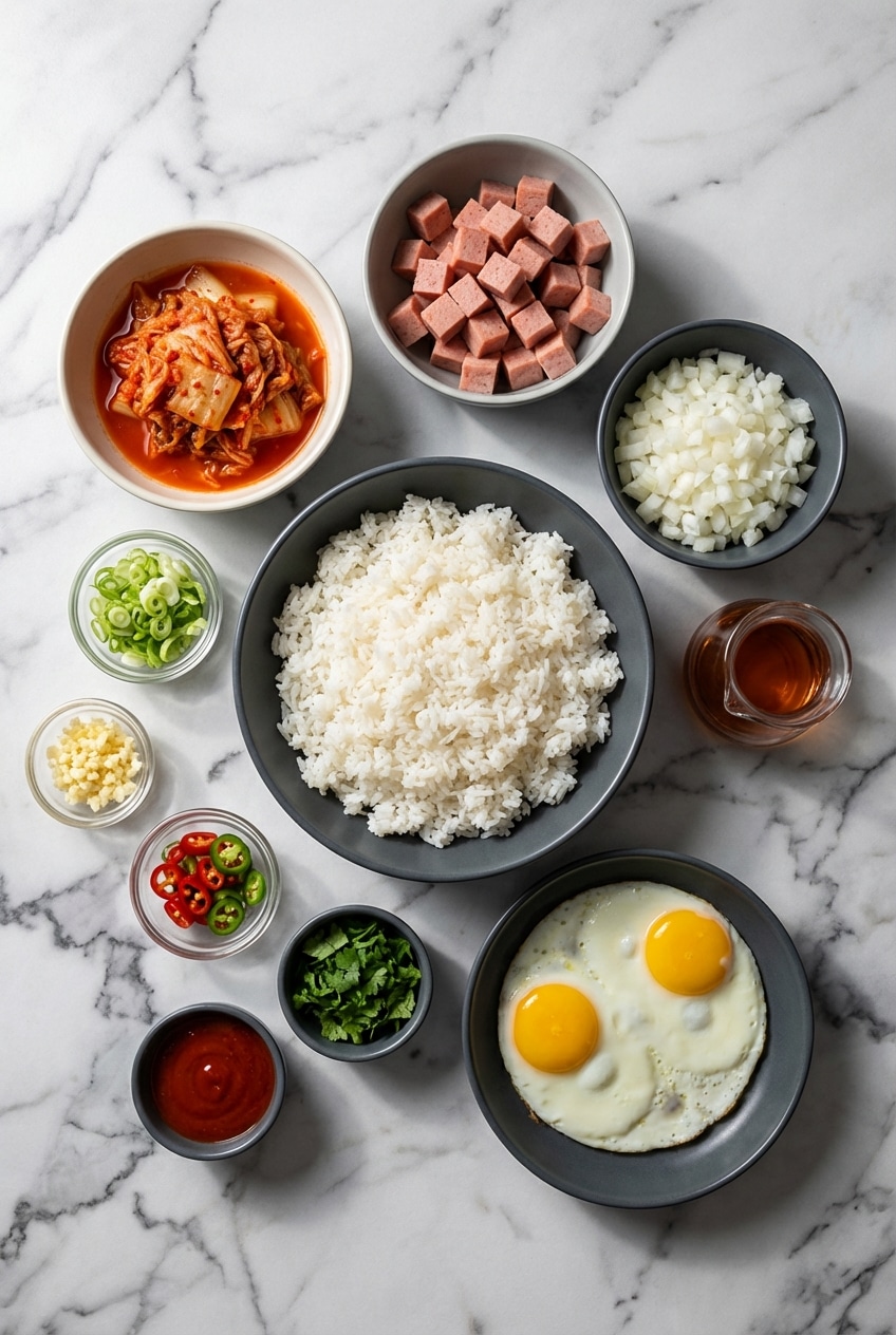 Ingredients for kimchi fried rice including short-grain rice, kimchi, spam, and gochujang in a flat lay.