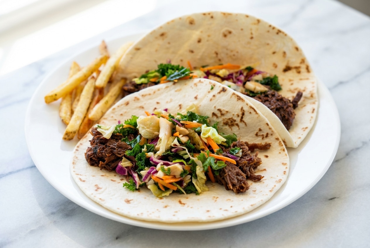Crispy-end skillet finish korean beef tacos topped with spicy kimchi and sriracha mayo on warm tortillas.