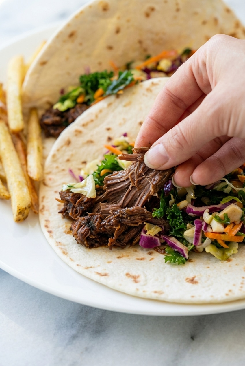 Extreme close-up of caramelized korean beef tacos meat showing the Maillard reaction and crispy edges.