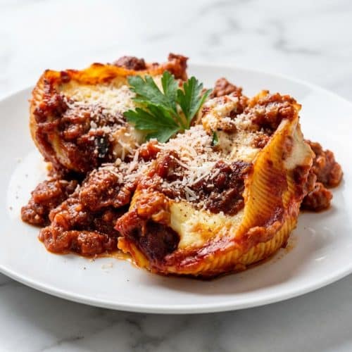 Cheesy lasagna stuffed shells in a baking dish with a savory Pecorino Romano and nutmeg-infused cheese filling.