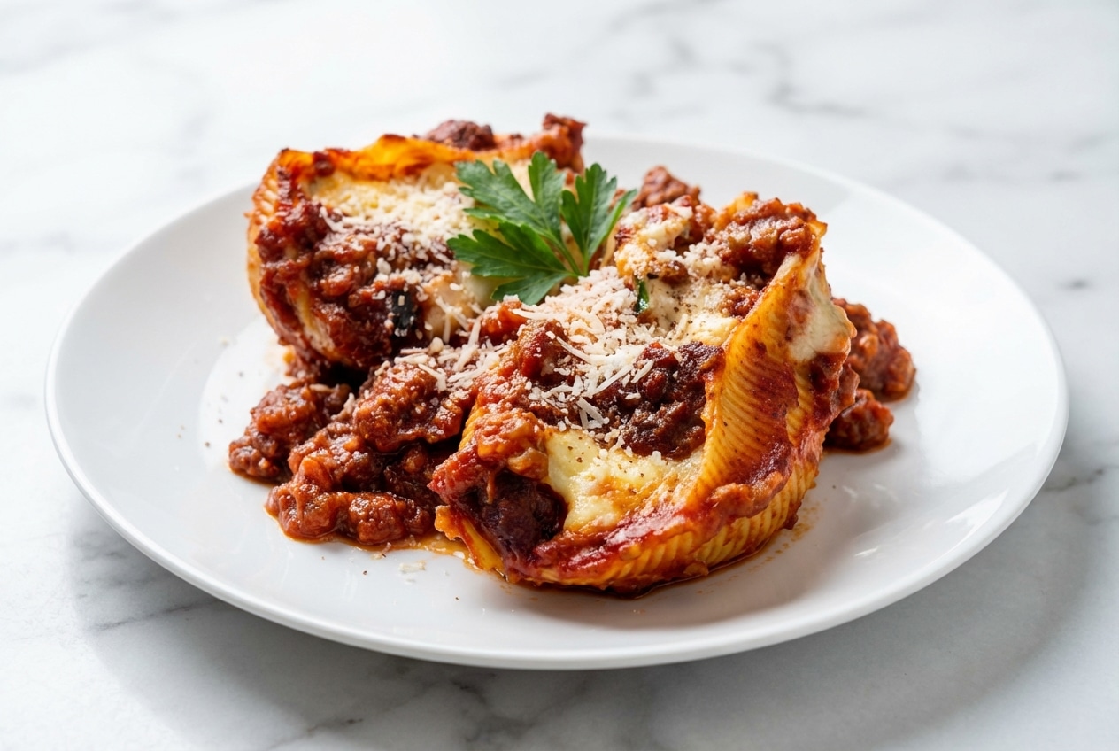 Cheesy lasagna stuffed shells in a baking dish with a savory Pecorino Romano and nutmeg-infused cheese filling.