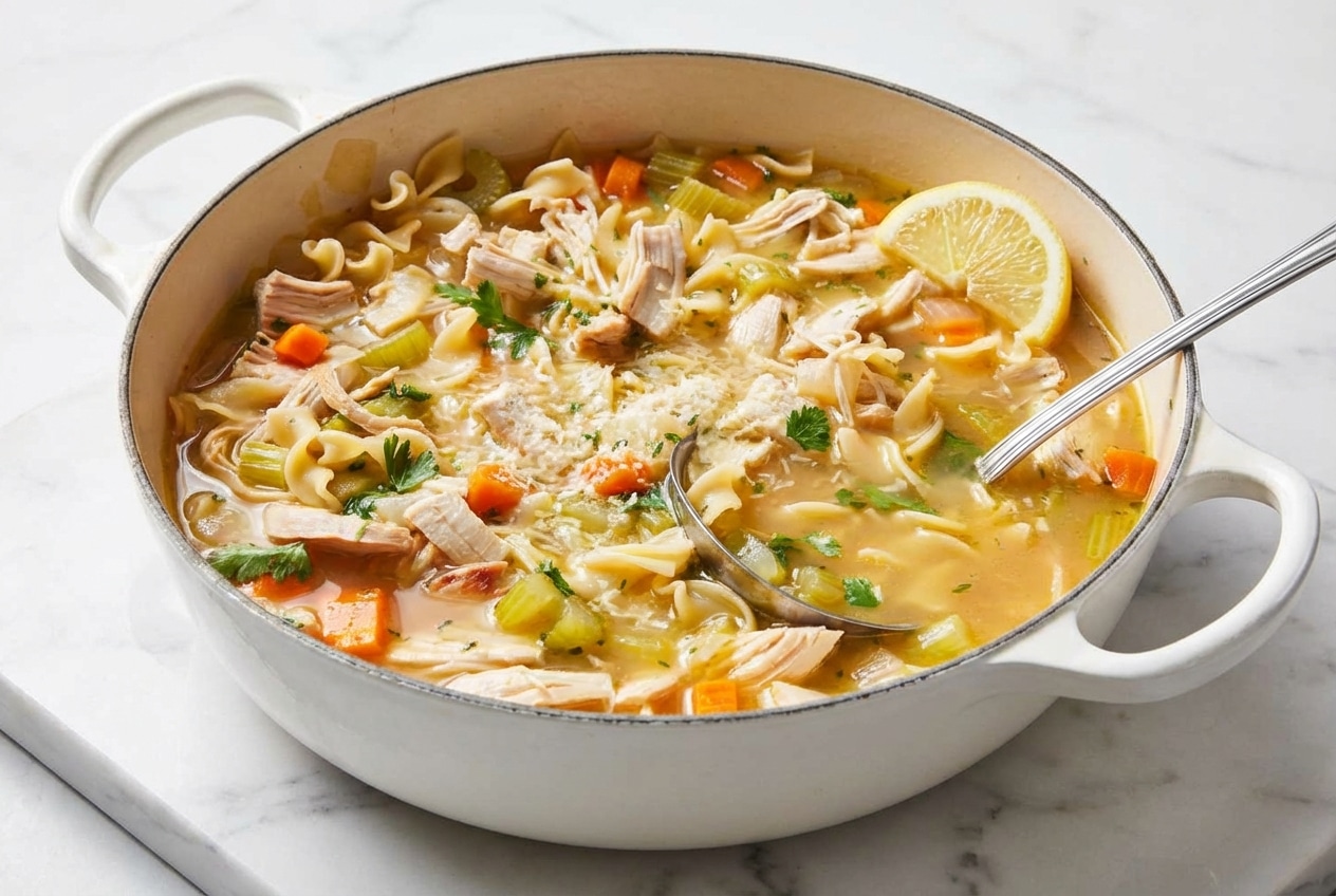 Steaming bowl of leftover turkey soup with egg noodles, enriched with gravy and a Parmesan broth for a deep umami twist.