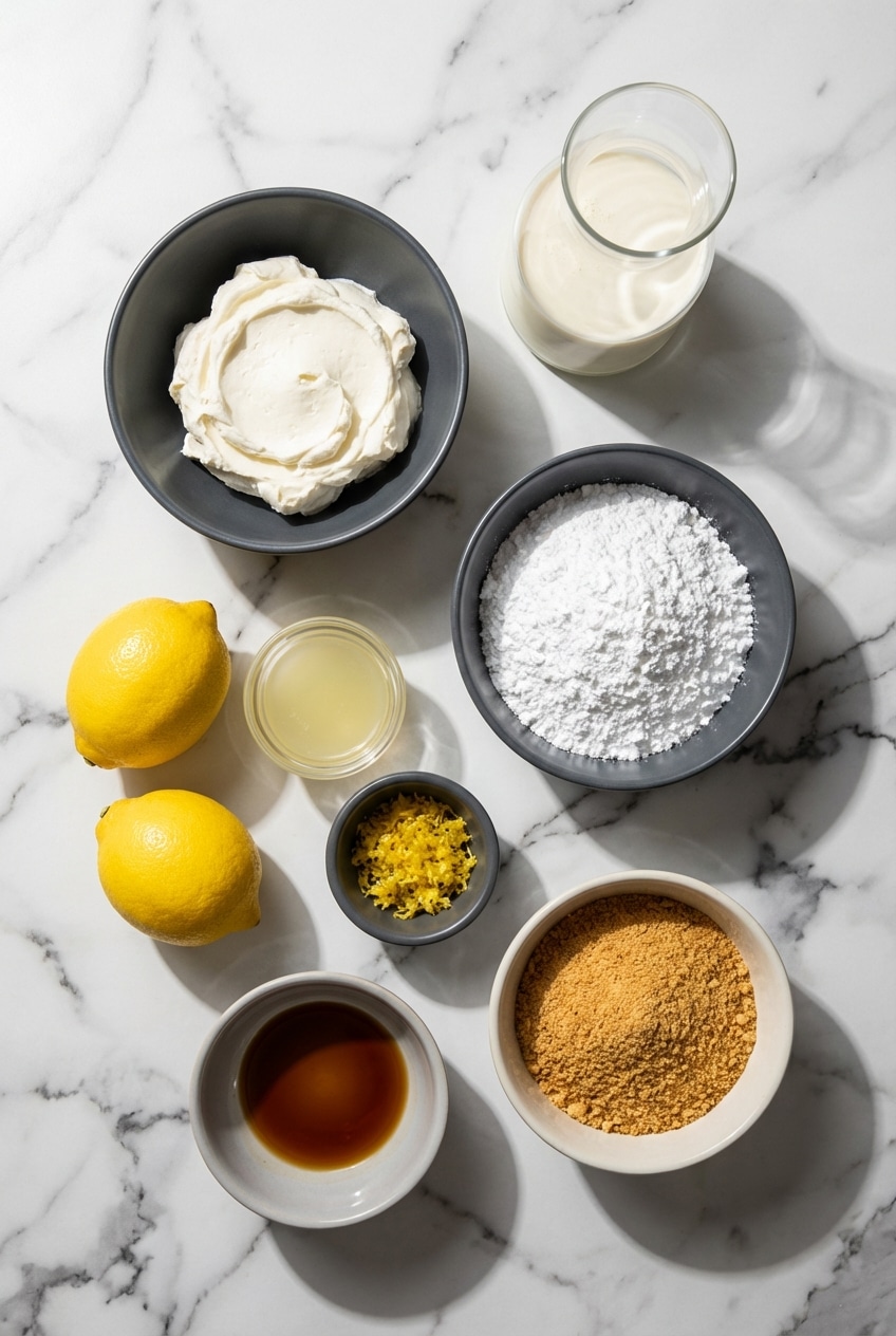 Fresh lemons, mascarpone, and heavy whipping cream gathered for making lemon cheesecake mousse with a zester.