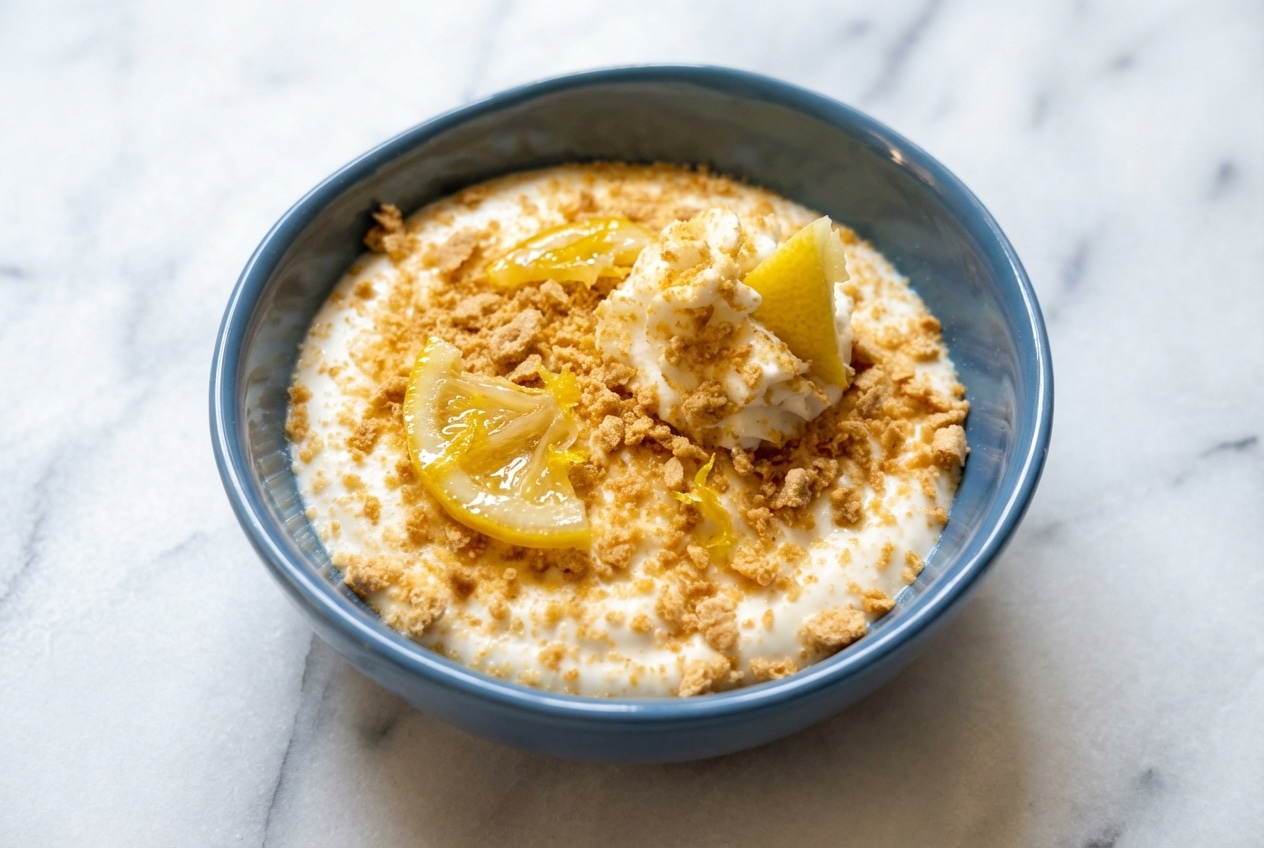 Velvety lemon cheesecake mousse topped with bright zest using the lemon-sugar maceration technique for deep citrus flavor.