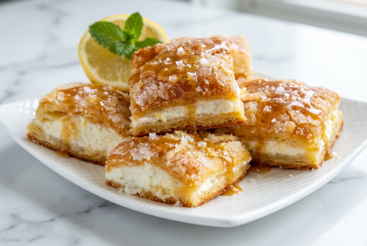 Lemon cream cheese bars topped with a speckled brown butter and sea salt glaze.