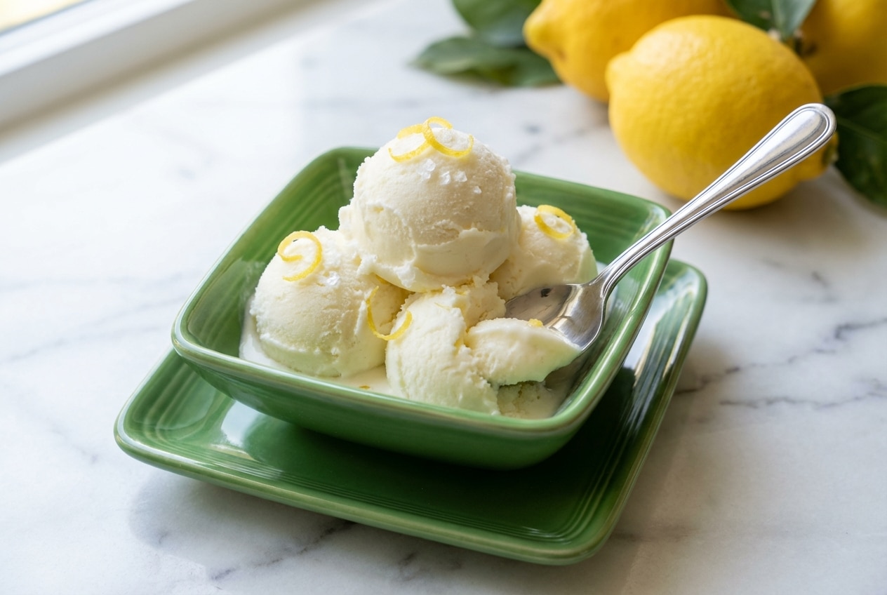 Creamy lemon gelato recipe topped with cold-infused zest and a delicate sprinkle of flaky sea salt in a bowl.