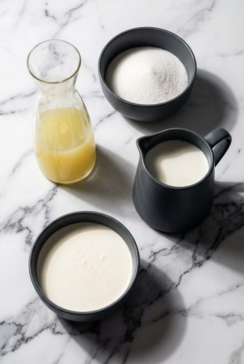 Flat lay of organic lemons, limoncello, citric acid, and cream for this lemon gelato recipe on a white counter.
