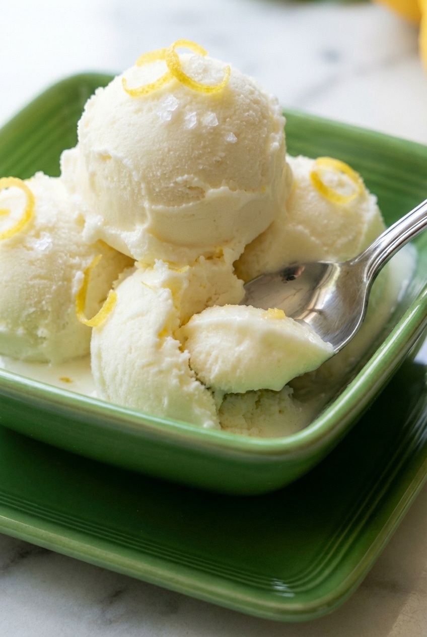 Close-up of the smooth, dense texture of this lemon gelato recipe showing no ice crystals after churning.