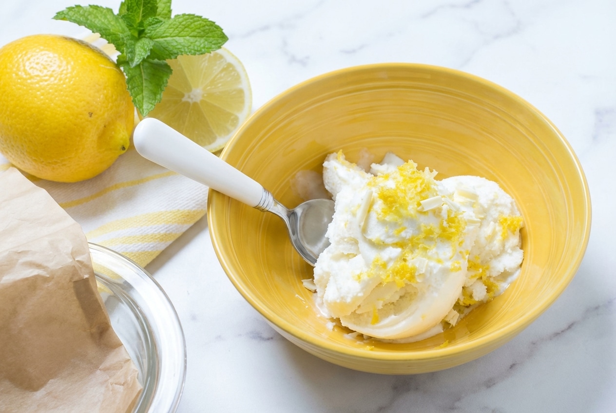 Creamy lemon ice cream scoops topped with macerated lemon-sugar zest and delicate white chocolate flecks.