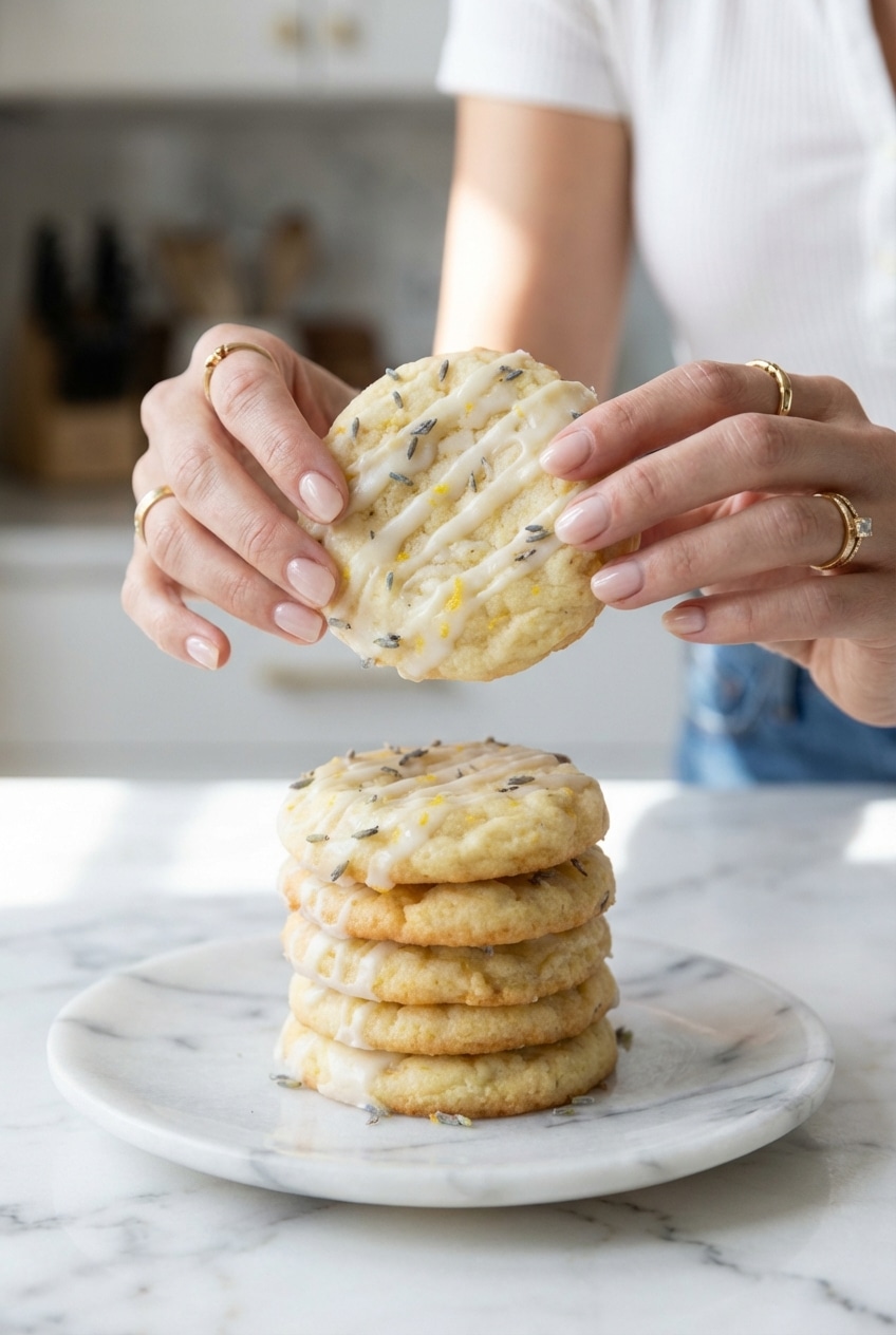 Freshly baked Lemon Lavender Cookies cooling on a parchment paper lined baking sheet.