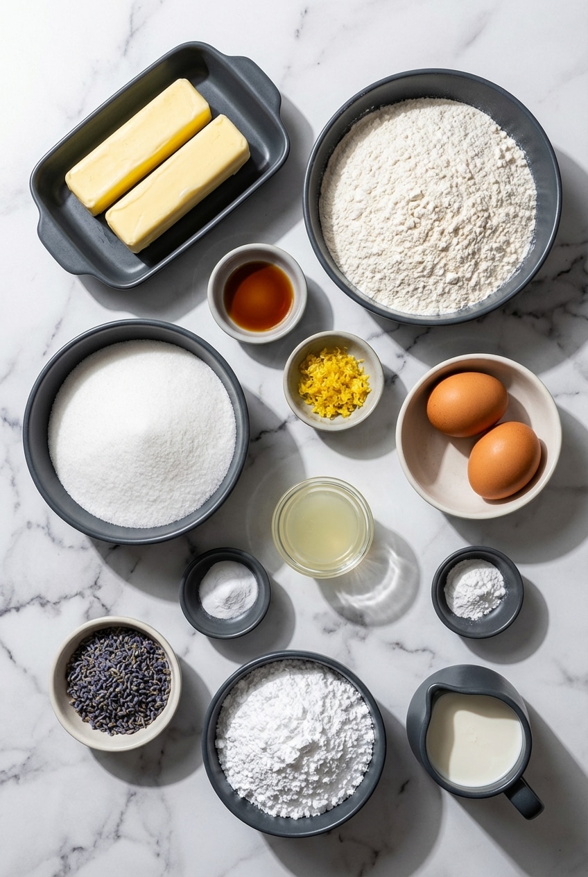 Raw ingredients for Lemon Lavender Cookies featuring culinary lavender, lemon zest, and unsalted butter.
