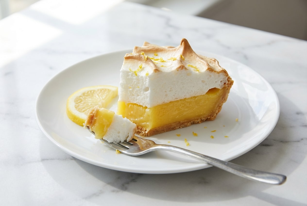 Lemon meringue pie featuring a tall, stabilized cornstarch-slurry meringue topping and zesty curd.