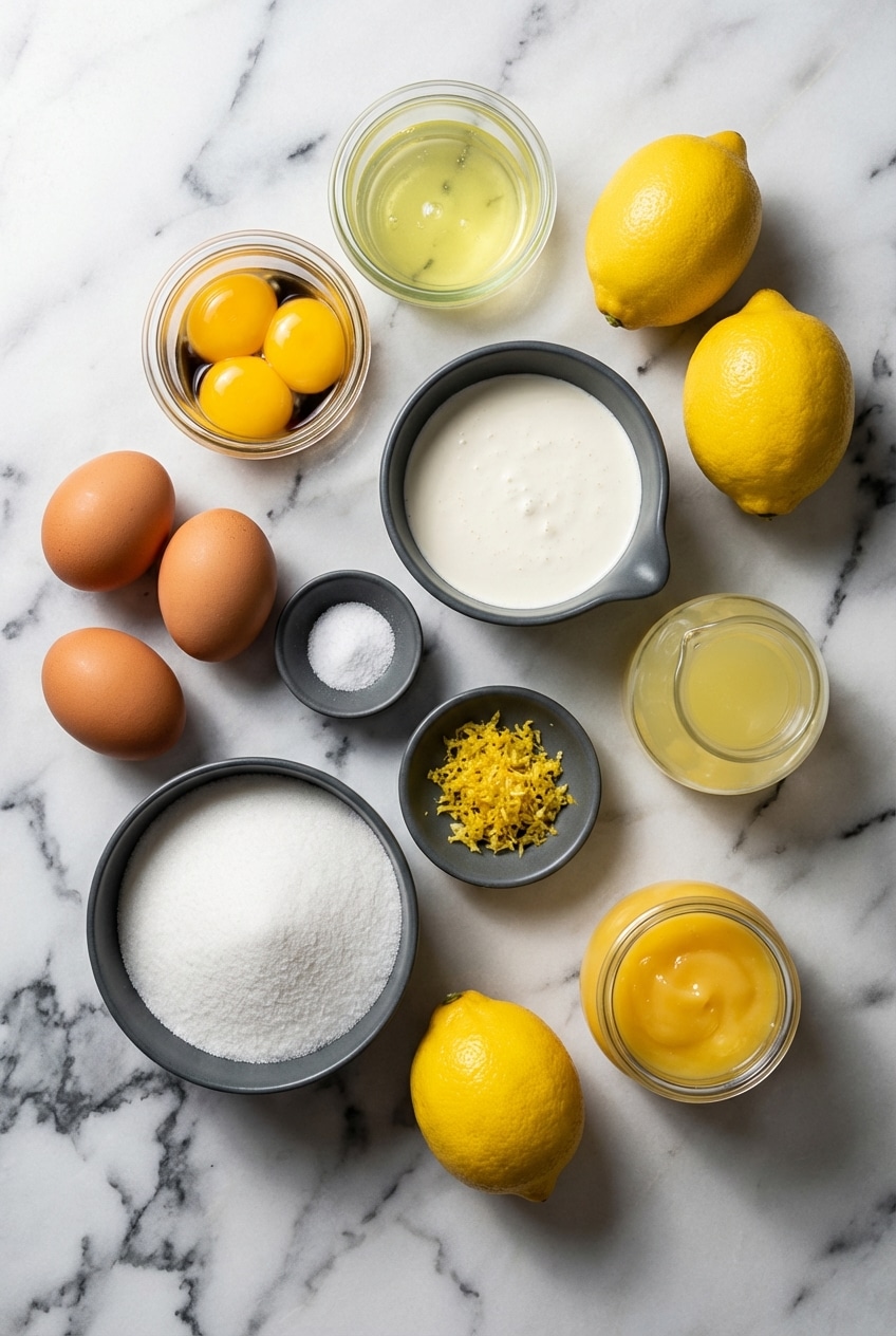 Flat lay of ingredients for lemon mousse featuring fresh lemons, egg yolks, and mascarpone on a clean surface.