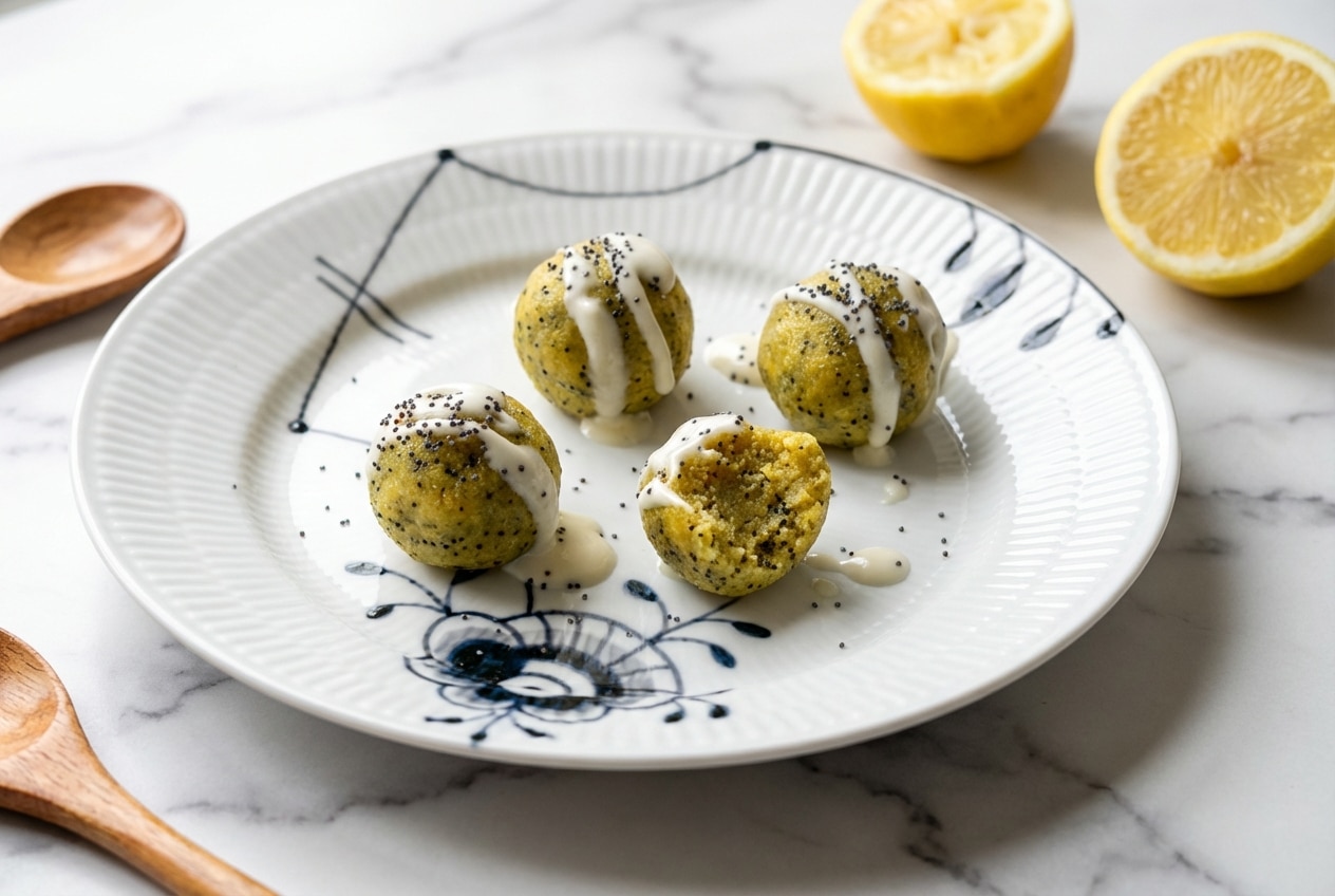 Lemon Poppyseed Energy Bites stacked on a plate, featuring toasted poppy seeds and a hint of cardamom.