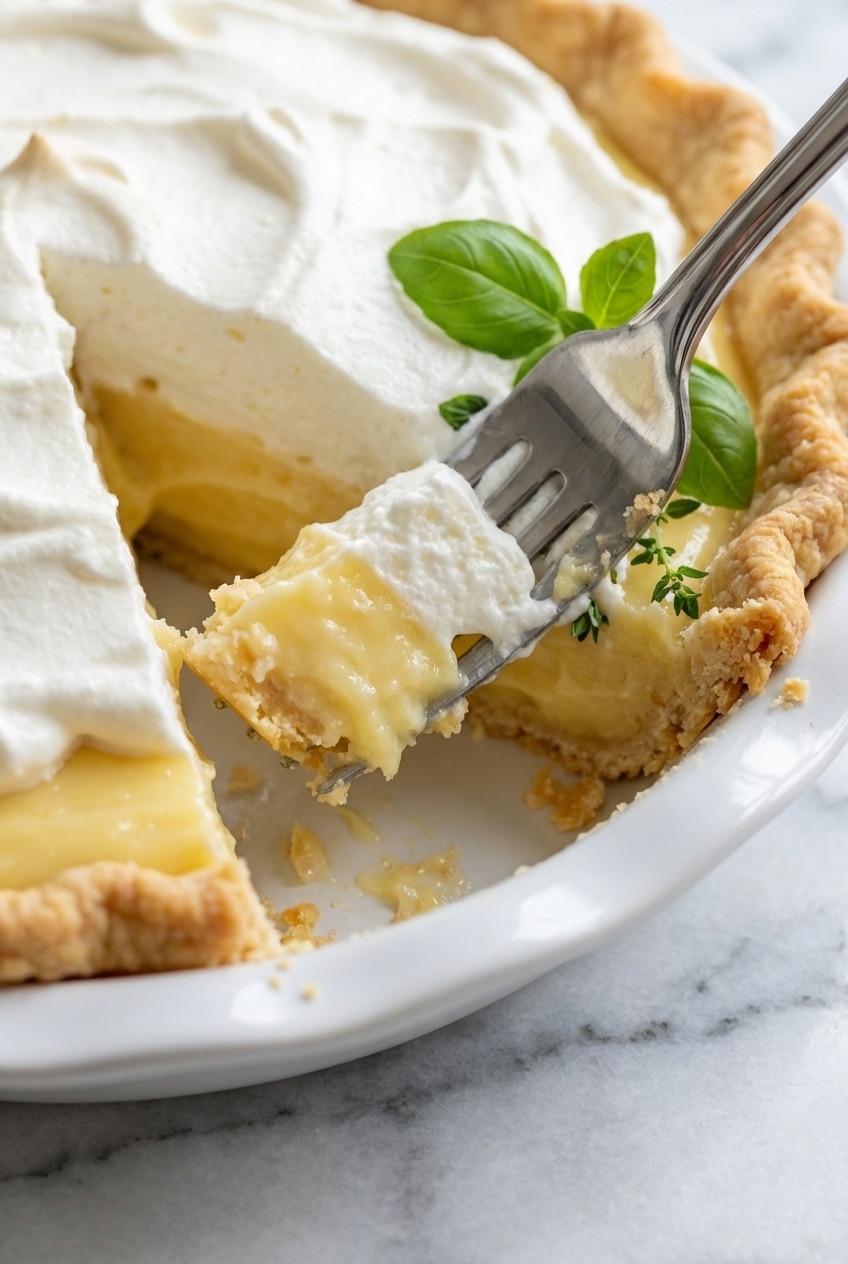 Close-up of the smooth, stable lemon sour cream pie filling showing a perfectly set custard texture.