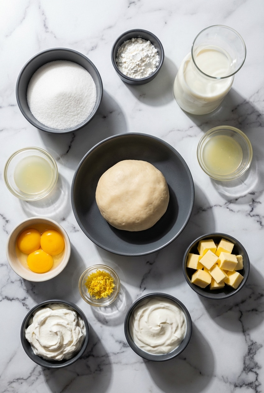 Raw ingredients for lemon sour cream pie including lemon zest, egg yolks, cornstarch slurry, and fresh herbs.