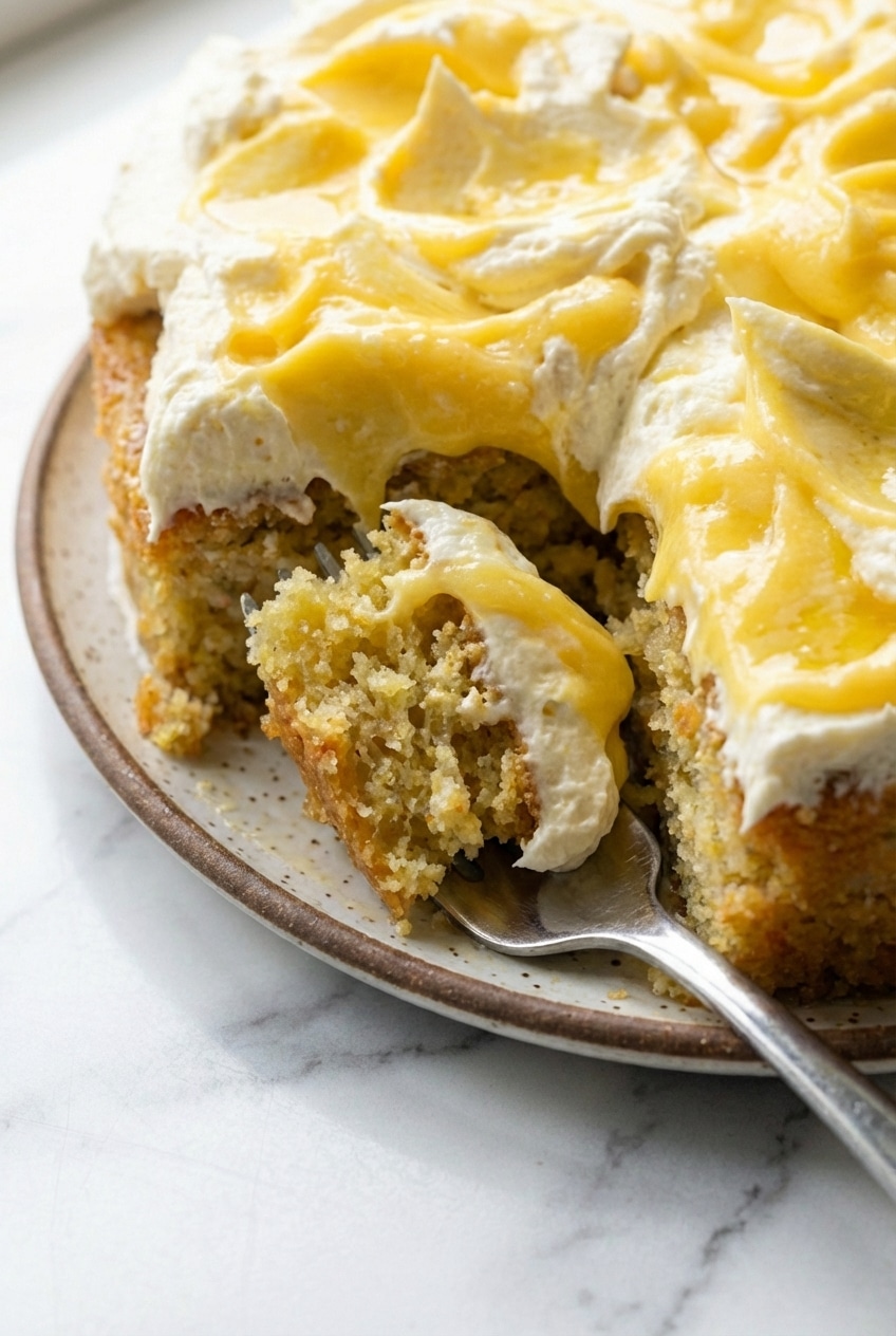 Macro view of the tender, moist crumb of a limoncello mascarpone cake after the syrup soak.