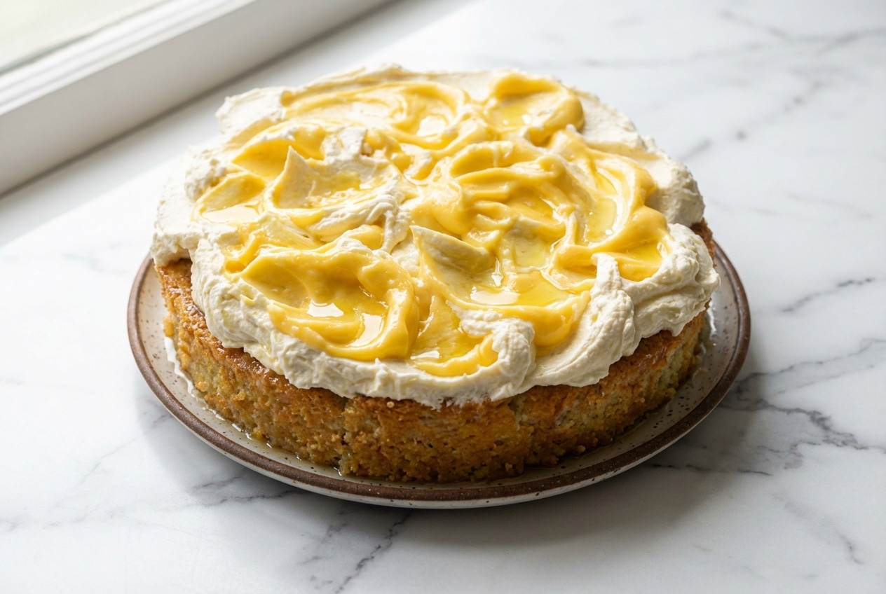 Sliced limoncello mascarpone cake showing the moist crumb achieved from the signature limoncello syrup soak.