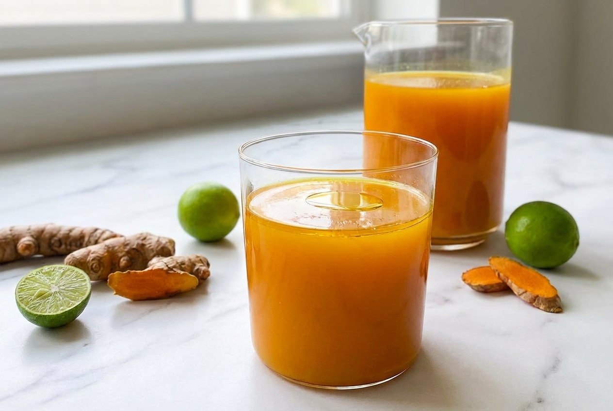 Vibrantly golden jamu juice recipe prepared with the liposomal fat-activation method for high bioavailability.