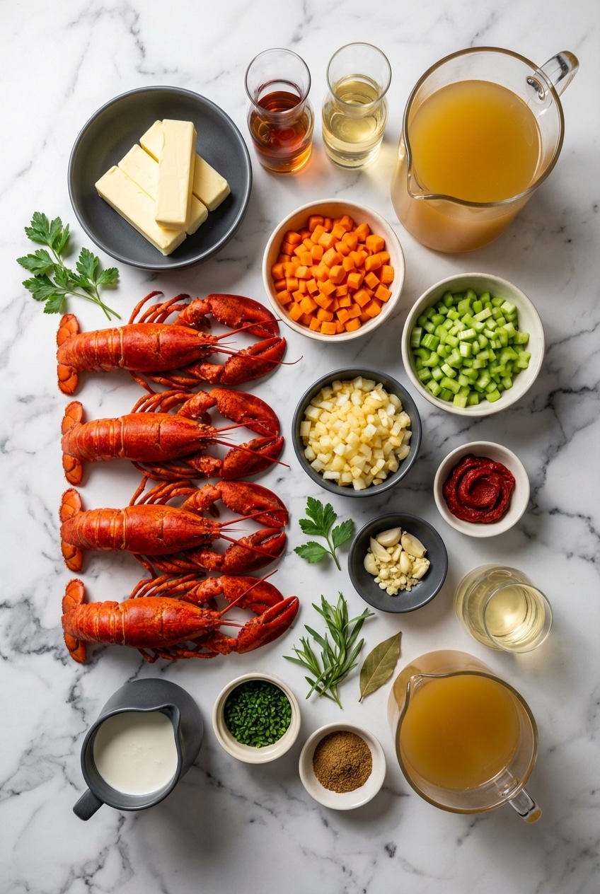 Ingredients for lobster bisque recipe featuring lobster shells, mirepoix, tomato paste, heavy cream, and saffron threads.