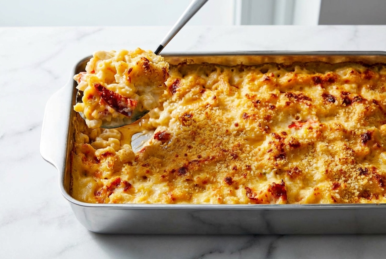 Creamy lobster mac and cheese recipe with a rich bisque-style brown butter and brandy cheese sauce.