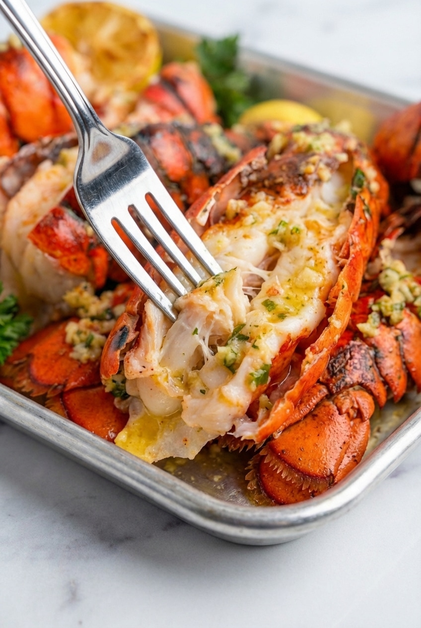 Perfectly butterflied lobster tail recipe showing the meat resting on top of the shell before broiling.