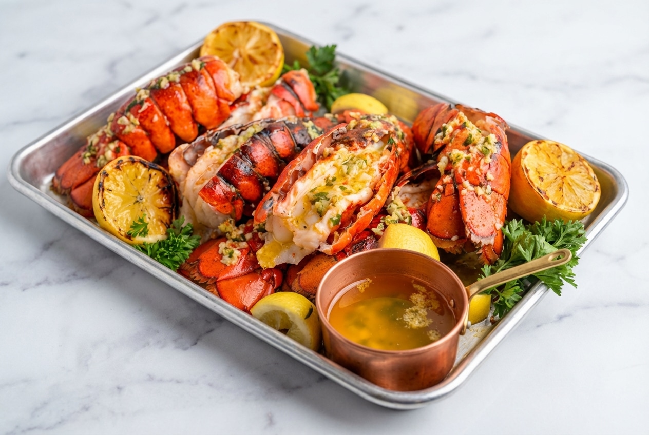 Broiled lobster tail recipe featuring a golden umami-rich miso-brown butter baste and fresh parsley.