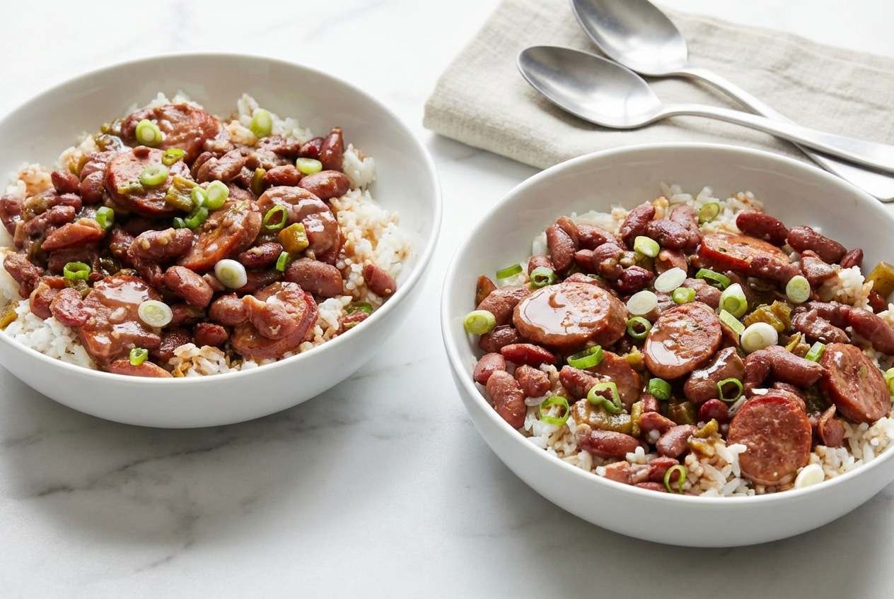 A bowl of Louisiana red beans and rice recipe made creamy with a savory bacon-fat bean emulsion and andouille sausage.